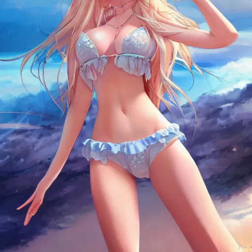Image similar to a very beautiful young anime princess girl, full body, long wavy blond hair, sky blue eyes, full round face,, bikini, miniskirt, front view, mid - shot, highly detailed, cinematic wallpaper by stanley artgerm lau