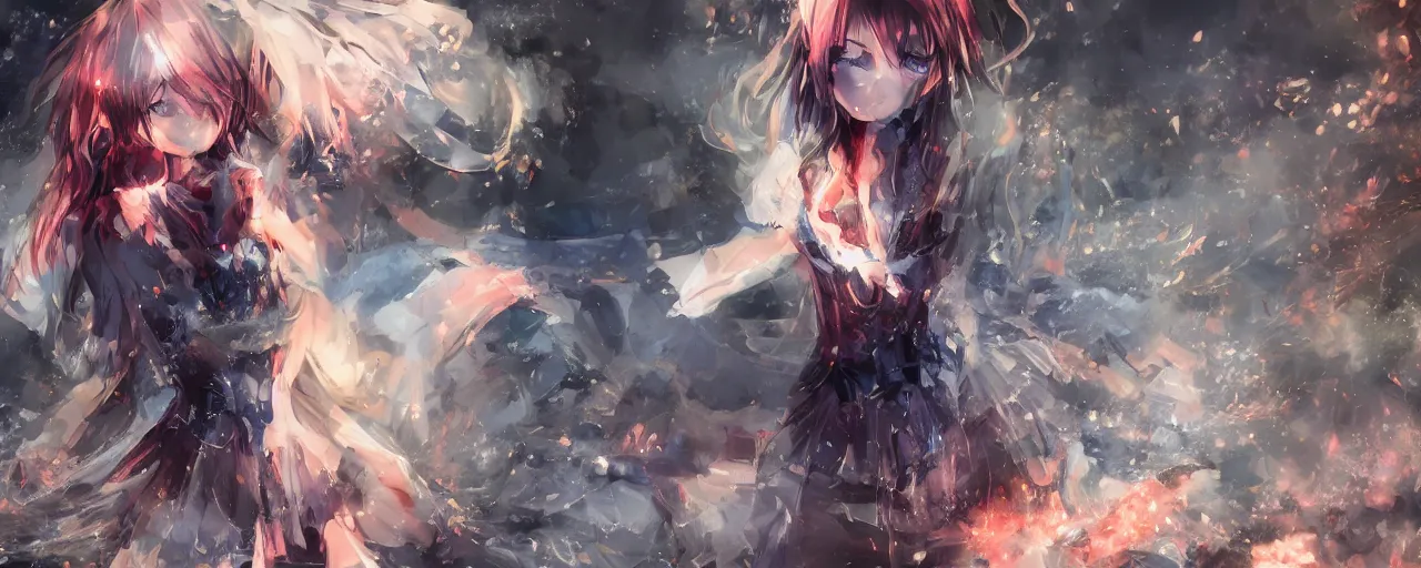 Prompt: advanced digital anime art, a very cute gorgeous teenage girl made of fire and ice with red fiery watery eyes glancing over her left shoulder wearing a dress made of water is walking through an apocalyptic burning city, cinematic lighting, medium shot, mid-shot, trending on pixiv, Artstation, Sakimimichan