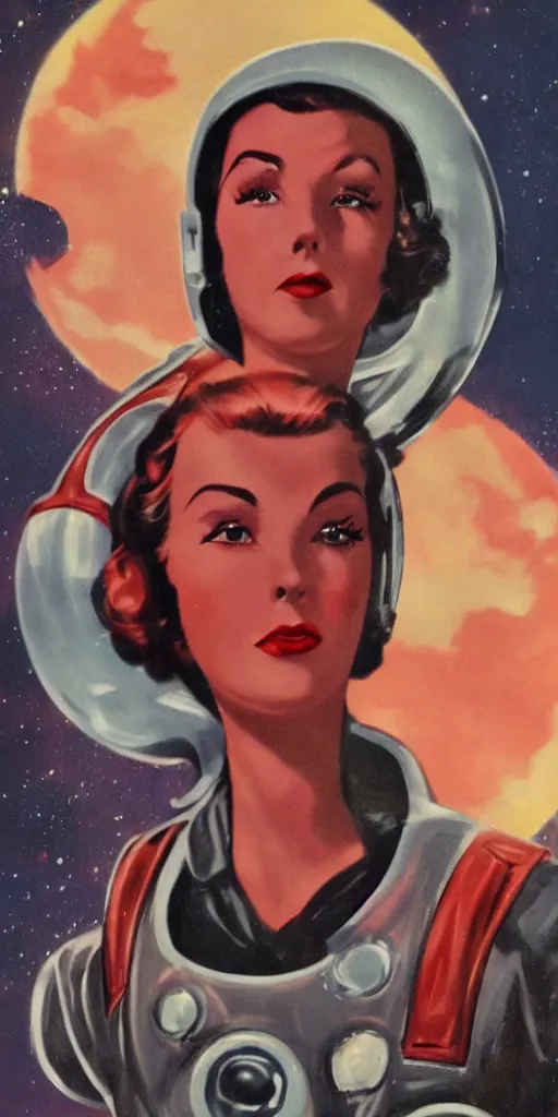 Image similar to 1940s Pulp Sci-fi style, closeup of a woman's face in a retro spacesuit with a dark red and mysterious sky.