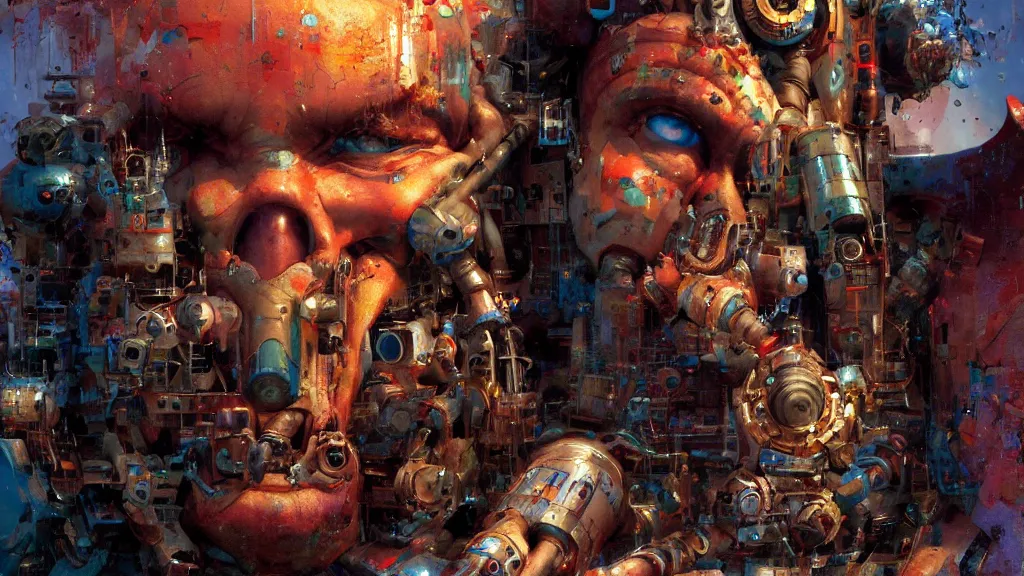 Image similar to a machine conjuring!!! an image!!! from of noise!!!, by john berkey, marc simonetti, and diego gisbert llorens, cinematic closeup!!, accurate facial details, colorful, intricate, chaotic, fantasy realism, hopeful, 8 k render, volumetric lighting