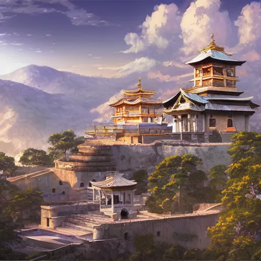 Prompt: concept art painting of a marble temple on top of a mountain, with greek and japanese architecture, overlooking a village in a valley, dramatic lighting, realistic, detailed, cel shaded, in the style of makoto shinkai and greg rutkowski and albert bierstadt and james gurney