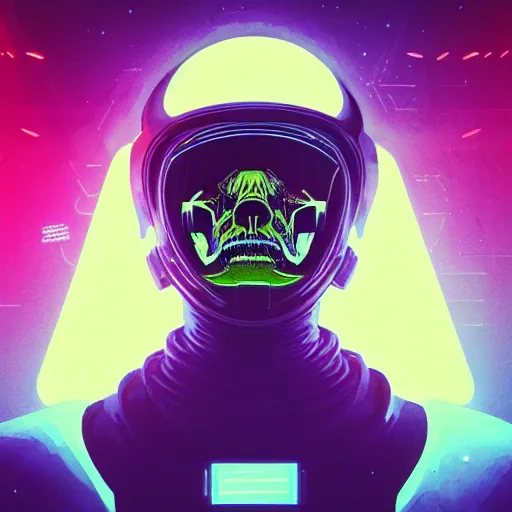 Prompt: close up Portrait of a Space Pirate in space, albator dark fantasy, intricate space helmet, elegant humanoid skull shape, highly detailed leds, digital cyberpunk analogue painting, artstation, VHS concept art, smooth neon glitch, sharp focus, ghost in the shell illustration, art by James Gilleard and Beeple and Sam Youn and Fernanda Suarez and Artem Demura and Alphonse Mucha