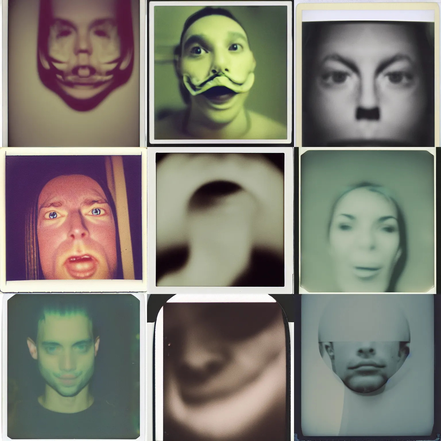 Prompt: warped distorted face, polaroid, expired film