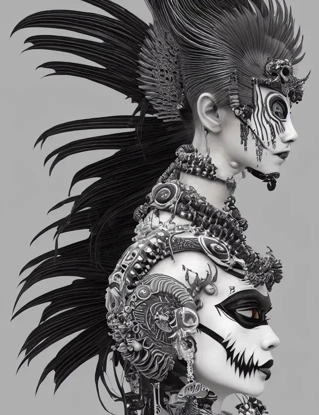 Image similar to 3 d goddess close - up profile portrait punk with mohawk with ram skull. beautiful intricately detailed japanese crow kitsune mask and clasical japanese kimono. betta fish, jellyfish phoenix, bio luminescent, plasma, ice, water, wind, creature, artwork by tooth wu and wlop and beeple and greg rutkowski