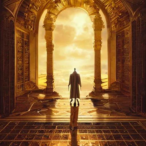 Image similar to a man staring a holy city in front of this golden gates, epic setting, symmetric face, hyperrealism, epic fantasy digital art, fantasy style art, by Greg Rutkowski, fantasy magic the gathering card art style