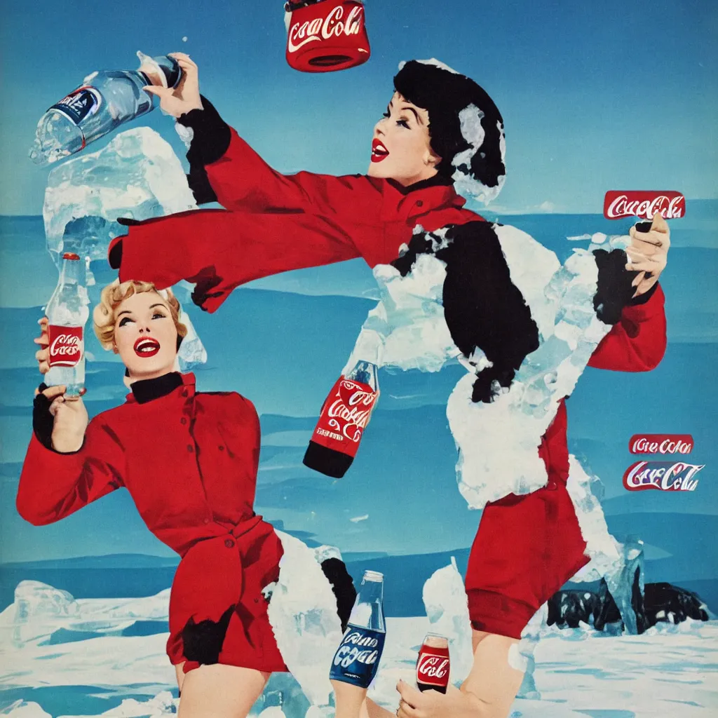 Prompt: woman wearing a parka drinking a bottle of coke in front of an icy polar landscape, polar bear in the far background, coka-cola advertisement, pinup style, retro ad, print advertising, 1960's