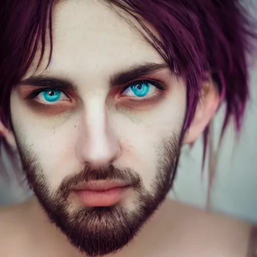 Image similar to photograph portrait of an emo guy, feminine, iridescent eyes, intricate detail, sigma 85mm f/1.4, 4k, depth of field, high resolution mode, 4k, 8k, hd