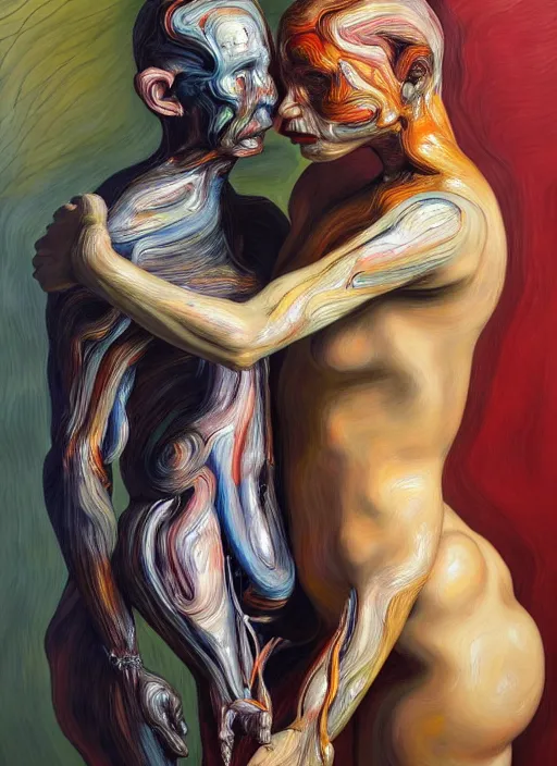 Image similar to a strange, biomorphic painting of two humanoid figures entwined, in the style of jenny saville, in the style of charlie immer, part by gerhard richter, highly detailed, dramatic, emotionally evoking, head in focus, volumetric lighting, oil painting, timeless disturbing masterpiece