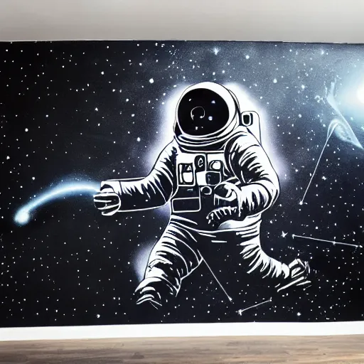 Prompt: mural of an astronaut exploring deep space, laser beams, black and white paint, stencil art, abstract, cyberpunk, painted on a giant wall