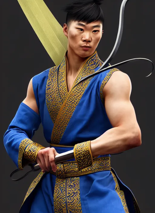 Image similar to male martial artist with a high ponytail, holding a sabre!!! asian facial features and blue eyes!! intricate ornate blue robes!! character concept art, sharp focus, octane render! unreal engine 5! highly rendered!! trending on artstation!! detailed linework!! illustration by artgerm, wlop, and chie yoshii