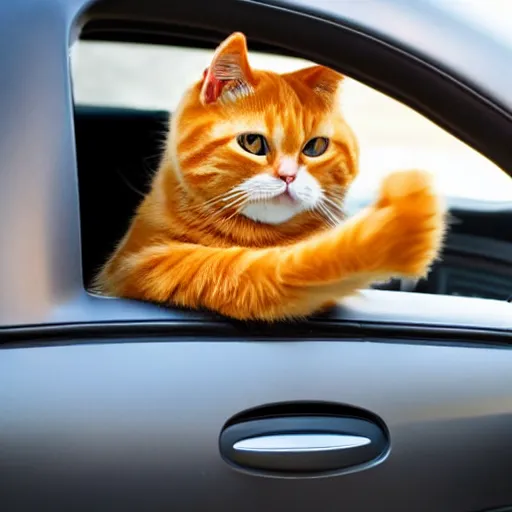 Image similar to an anthropomorphic orange tabby cat driving a car, his paws are on the steering wheel