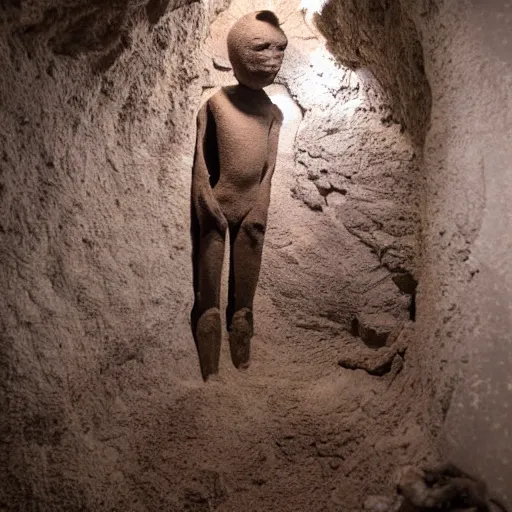 Prompt: found footage of a humanoid made of grayish clay emerging from a wall inside of a cave made of grayish clay, creepy, flash photography, unsettling, moist