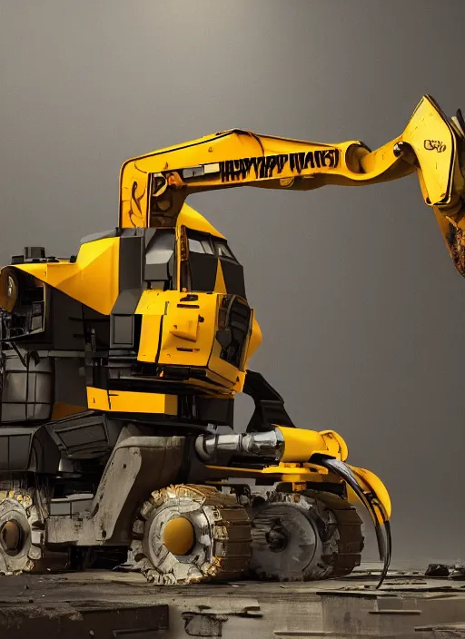 Image similar to a photorealistic dramatic hyperrealistic render of a futuristic exosuit power excavator heavy machinery, ultra realistic details, glossy yellow, well worn, rust, oil stains by vitaly bulgarov and mike nash, beautiful dramatic dark moody tones and lighting, cinematic atmosphere, studio lighting, global illumination, shadows, dark background, octane render, 8 k