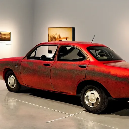 Image similar to a dodge neon, displayed as art at a museum