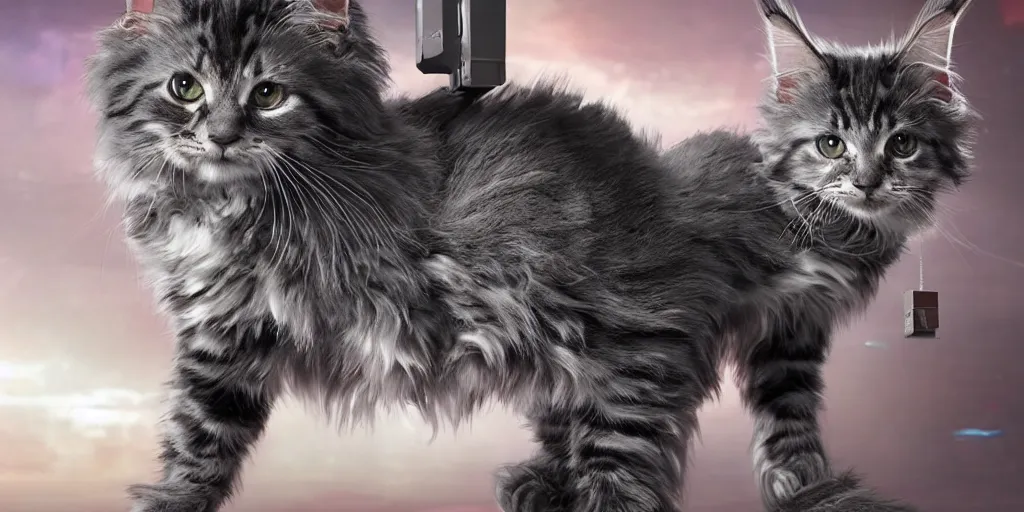 Image similar to a 3 d rendered movie still a of mainecoon robot kitten has become a cat scanning device. cyberpunk cat tree. digital art. science fiction blockbuster movie from the future, imax 7 0 mm. style of mandalorian ( american space western television series )