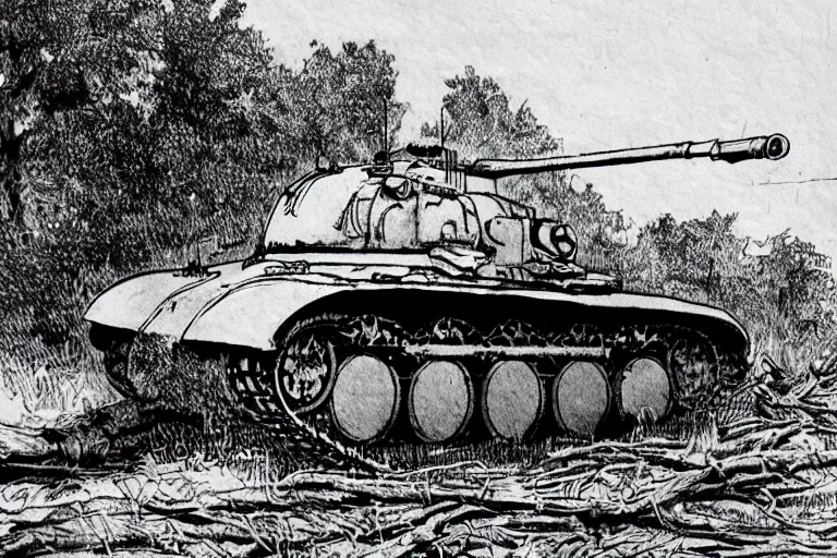 Image similar to oversized maus 1 0 0 - ton german tank, world war 2, artist's impression, crushing trees under track, steampunk, dieselpunk, black and white pen ink art