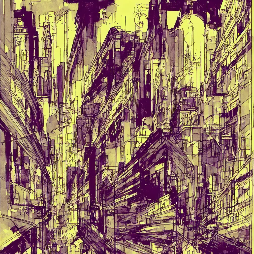 Image similar to bill sienkiewicz art nouveau city