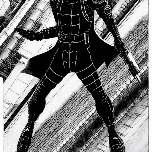 Image similar to high quality illustration of a cyber ninja infiltrating a palace in the style of ghost in the shell and blame and akira, manga, black and white, pencil, traditional art, anime, by katsuhiro otomo and tsutomu nihei and masamune shirow and studio ghilibi and yukito kishiro, highly detailed, sharp lines