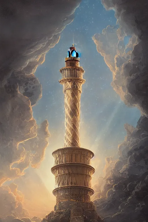 Prompt: Detailed Exterior Shot of Intricate Lighthouse of Alexandria, light of god, angelic light shafts, flock of birds, night atmosphere, in Style of Peter Mohrbacher, cinematic lighting