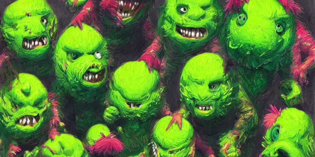 Image similar to an army of cute different green tennis ball monsters, colorful, digital art, fantasy, magic, chalk, trending on artstation, ultra detailed, detailed, fine details, professional illustration by basil gogos