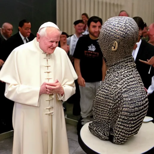 Image similar to john paul ii admiring a yeezy 3 5 0 sneaker in his hands