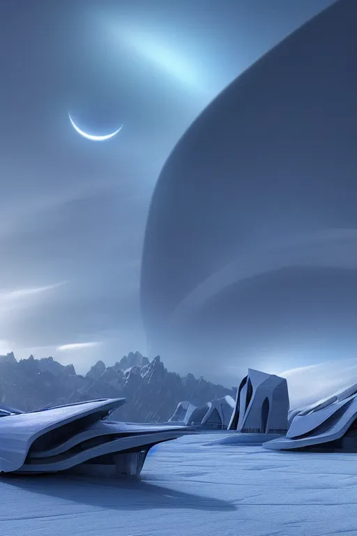 Image similar to zaha hadid buildings in the middle of a planet hoth star wars scene in the mountains with a crescent moon, trending on artstation, wooly mammoths walking, cinematic matte painting, stormy weather, pastel sunset in the craggy dolomites, extreme detail photo quality, dark moody colors, featured on behance