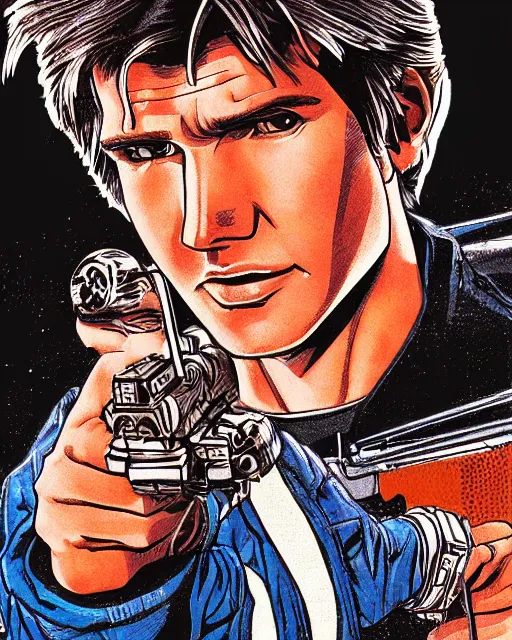 Image similar to Digital color pen drawing of young Harrison Ford from JoJo\'s Bizzare Adventure, highly detailed, sharp focus, screentone shading, 1990 manga panel, trending on ArtStation, manga cover art drawn by Hirohiko Araki