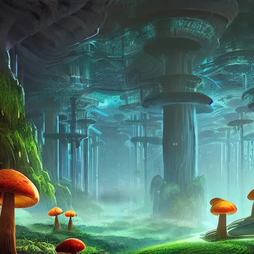 Image similar to beautiful matte art of a mushroom kingdom in the style of futuristic 1 8 th / 1 9 th / 2 0 th century concept art detailed realistic, highly detailed, crystal lighting, hyperrealistic, unreal engine, magical