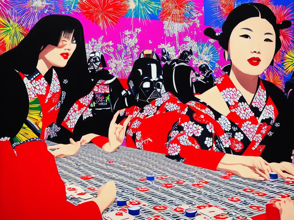 Image similar to hyperrealism composition of the detailed woman in a japanese kimono sitting at an extremely detailed poker table with darth vader, fireworks on the background, pop - art style, jacky tsai style, andy warhol style, acrylic on canvas