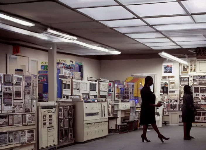 Image similar to cinematic wide shot of backlit windows of a narrow used electronics store, octavia spencer wanders the messy aisles, keyboards, iconic scene from the paranoid thriller sci fi film directed by pt anderson, anamorphic cinematography, beautiful composition, color theory, leading lines, photorealistic, volumetric lighting