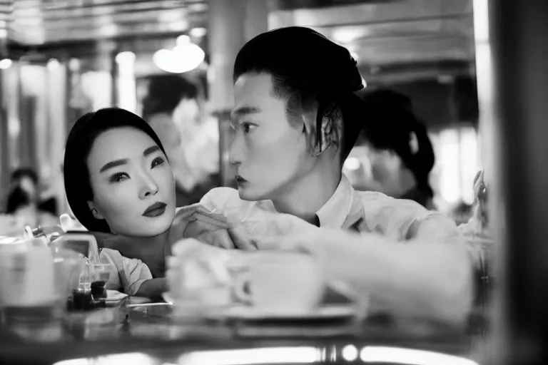 Image similar to movie interior closeup beautiful Chinese fashion model couple closeup sitting at 50s diner, night in the city, beautiful skin, by Emmanuel Lubezki