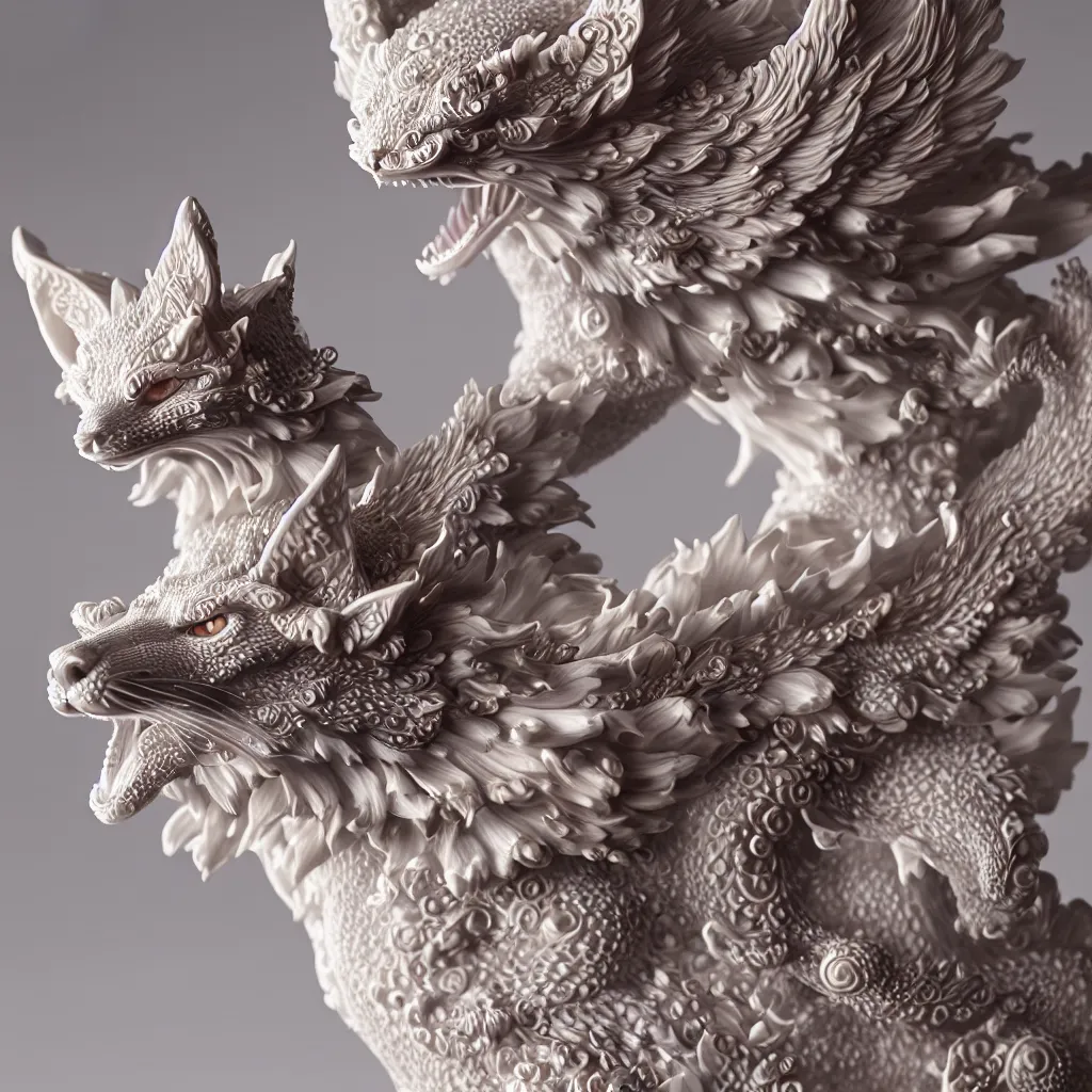 Image similar to a closeup photo - real delicate ceramic porcelain sculpture of an ornate detailed kitsune in front of an intricate background by rafael, micro detail, backlit lighting, subsurface scattering, translucent, thin porcelain, octane renderer, colorful, physically based rendering, trending on cgsociety