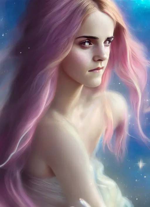 Image similar to emma watson as nature magic celestial, long hair, pink and transparent cloth, space, D&D, shiny background, intricate, elegant, highly detailed, digital painting, artstation, concept art, smooth, sharp focus, illustration, artgerm, bouguereau