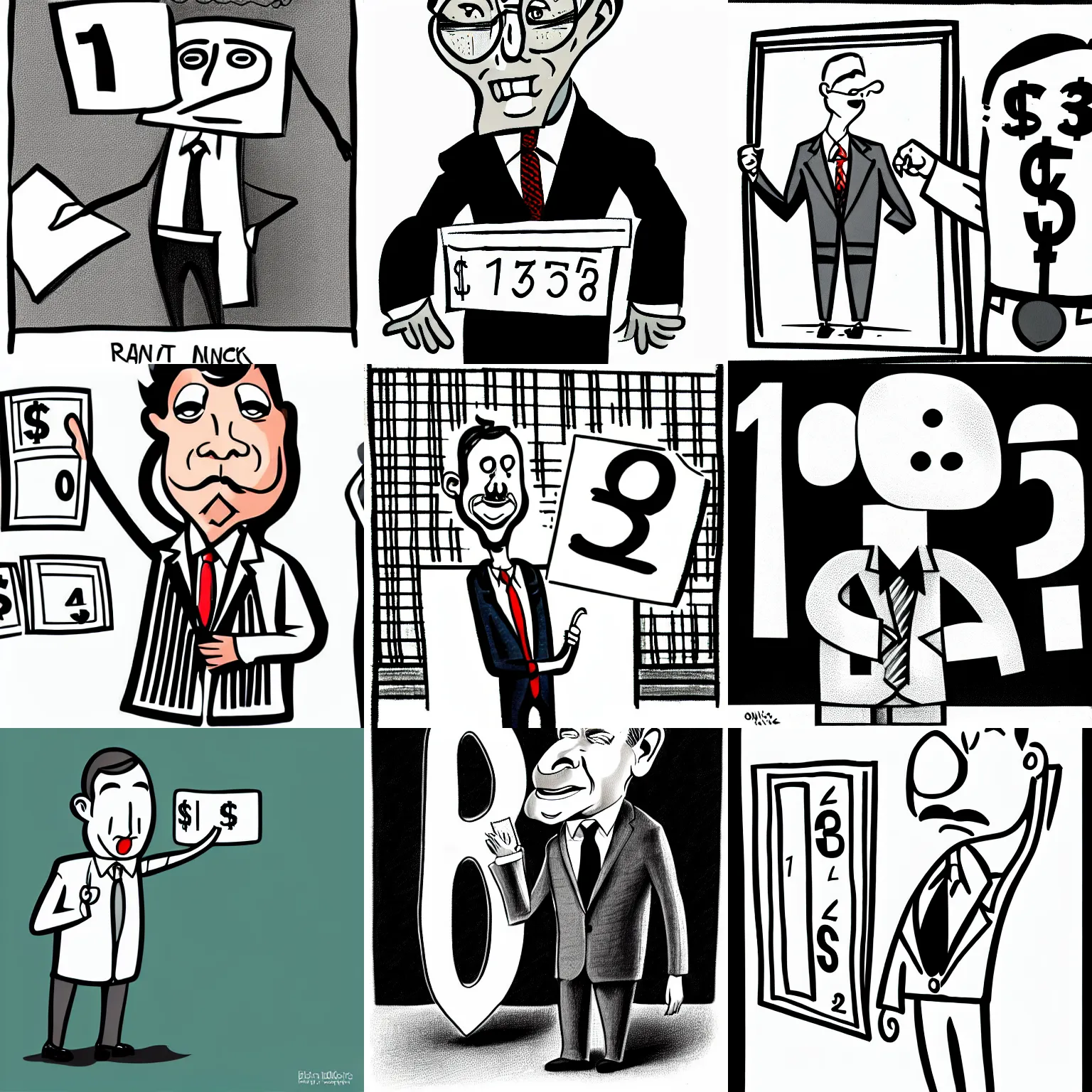 Prompt: man suit picking random numbers, dollars in pocket, cartoon, illustration, Italian , caricature,b&w
