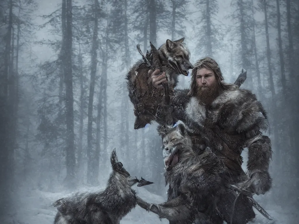 Image similar to epic portrait an male viking fighting with an wolf during blizzardy winter weather, blurry forest backround, brutal, digital painting, artstation, concept art, soft light, hdri, smooth, sharp focus, illustration, fantasy, intricate, elegant, highly detailed, D&D, matte painting, in the style of Greg Rutkowski and Alphonse Mucha and artemisia, 8k, highly detailed, jurgens, rutkowski, bouguereau, pastoral, rustic, georgic, detailed concept art, illustration, colorful pastel, painting, detail, ultra detailed, digital art, 4K,