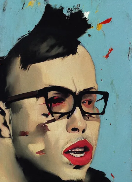 Prompt: anthony fantano, painting by phil hale, fransico goya,'action lines '!!!, graphic style, visible brushstrokes, motion blur, blurry, visible paint texture, crisp hd image