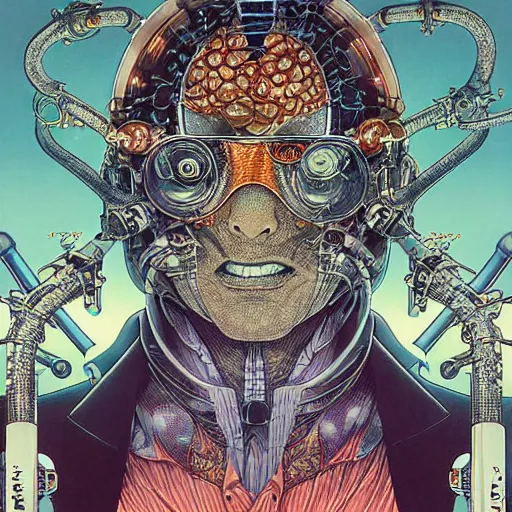 Prompt: portrait of crazy scientist, symmetrical, by yoichi hatakenaka, masamune shirow, josan gonzales and dan mumford, ayami kojima, takato yamamoto, barclay shaw, karol bak, yukito kishiro