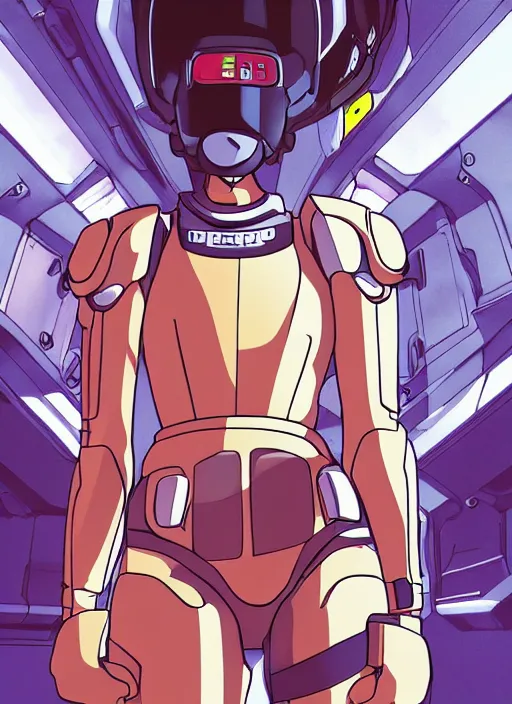 Image similar to Portrait of a female mech pilot in a bodysuit, 80s anime, cel-shaded, highly detailed, dramatic background, complementary lighting, poster