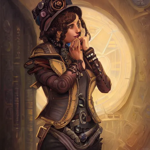 Image similar to steampunk artificer, cute, oil painting, portrait, intricate complexity, rule of thirds, in the style of Adam Paquette, Svetlin Velinov, Daarken, Artgerm, Keith Thompson, and Eric Deschamps, magic the gathering art, character concept