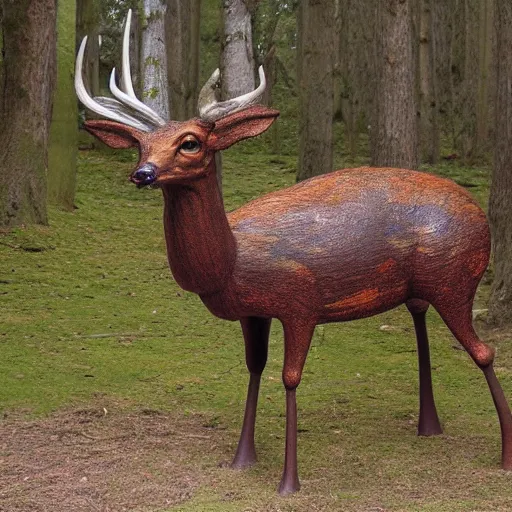 Prompt: hyperealistic sculpture of a monstrous deer with rusty pipes extruding from its body, body horror, living bodies, scary, disturbing, static noise, eerie, SCP Foundation, realistic creepypasta, found footage, living creature