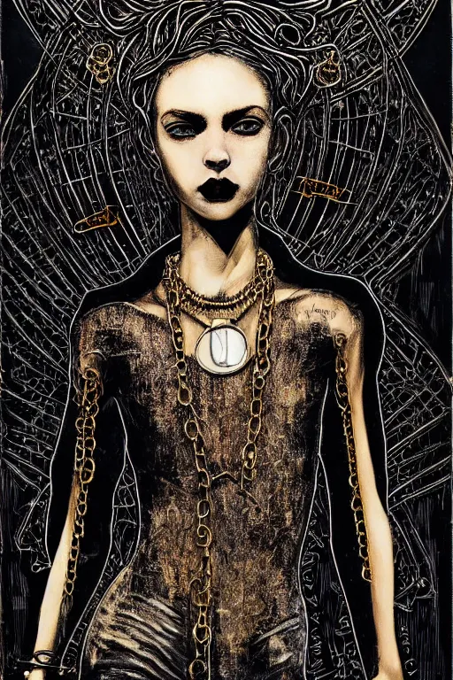 Prompt: dreamy gothic girl, black leather slim clothes, chains and raw gold, detailed acrylic, grunge, intricate complexity, by dan mumford and by alberto giacometti, peter lindbergh