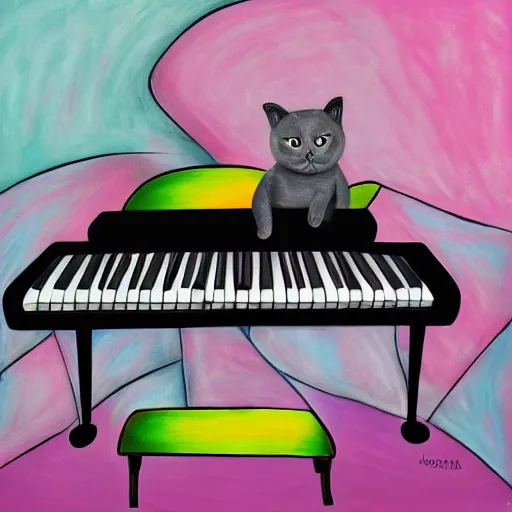 Prompt: grey british shorthair cat sitting playing piano keyboard with colorful abstract musical note background detailed oil pastel painting 4 k