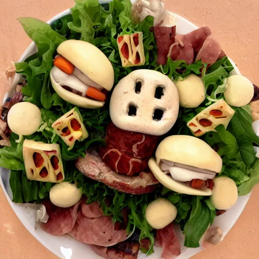 Image similar to a amazing new surrealist hybrid of a pope salad by giuseppe arcimboldo and kandinskali, melting cheese, steamed buns, grilled artichoke, sliced banana, the pope, salami, milk duds, licorice allsort filling