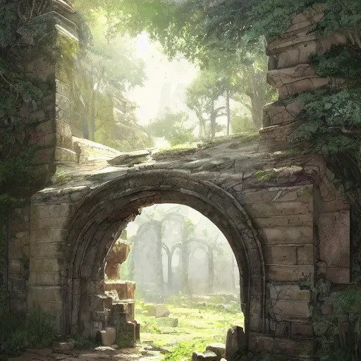 Image similar to concept art painting of an ancient ornate stone archway, with a magical portal inside to another dimension, in the woods, realistic, detailed, cel shaded, in the style of makoto shinkai and greg rutkowski and james gurney