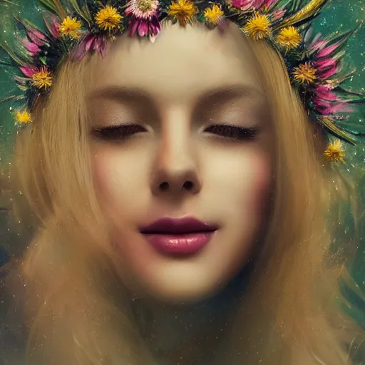 Image similar to close-up of a smiling beautiful female, blonde,, wearing a crown of daisies, beautiful happy face, ethereal, starry, space, magical atmosphere, maximalist, cinematic lighting, cinematic atmosphere, trending on artstation, cgsociety, 8k, high resolution, in the style of Faiza Maghni, David Ligare, Flora Borsi, Daniel Gerhartz, detailed intricate ink illustration, dark atmosphere, detailed illustration, hd, 4k, digital art, overdetailed art, concept art, by greg rutkowski, by loish, complementing colors, Trending on artstation, deviantart