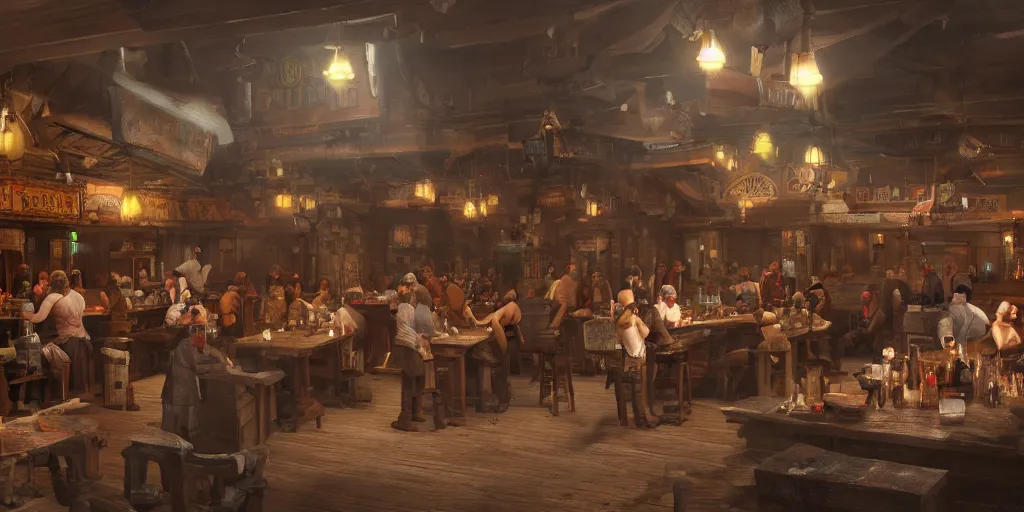Prompt: Matte painting of a busy tavern for warriors, volumetric lighting, high details, 4k, photo realistic, sharp details