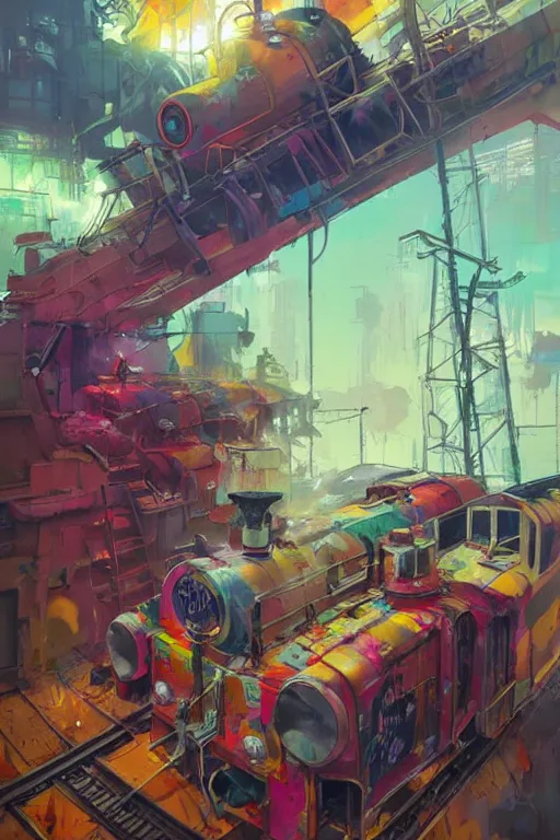 Image similar to trains covered colorful graffiti with paint drip, greg rutkowski, and moebius and loish and artgerm, painterly, illustration, backlit, beautiful artist rendering, gorgeous, masterpiece