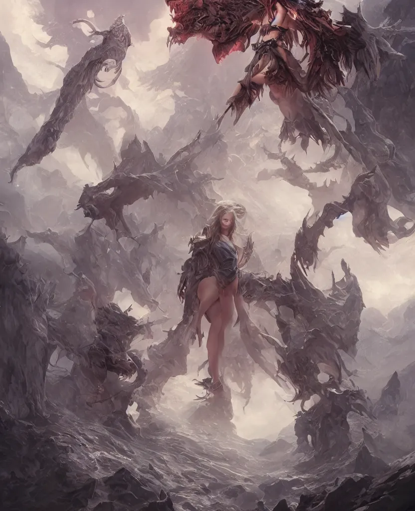 Image similar to demoness female, glacier landscape, norway, D&D, fantasy, intricate, elegant, highly detailed, digital painting, artstation, octane render, concept art, matte, sharp focus, illustration, hearthstone, art by Artgerm and Greg Rutkowski and Alphonse Mucha