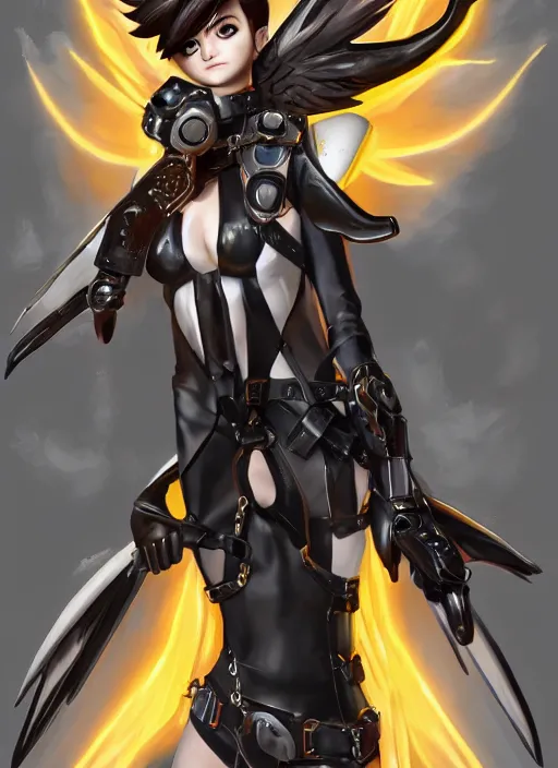 Prompt: full body of tracer overwatch, angel wings, dramatic painting, symmetrical composition, wearing detailed leather collar, black shiny armor, chains, black harness, detailed face and eyes,