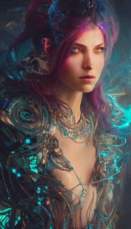 Image similar to cyberpunk angry gorgeous elven queen, neon, fibonacci, sweat drops, insane, intricate, highly detailed, digital painting, artstation, concept art, smooth, sharp focus, illustration, Unreal Engine 5, 8K, art by artgerm and greg rutkowski and alphonse mucha